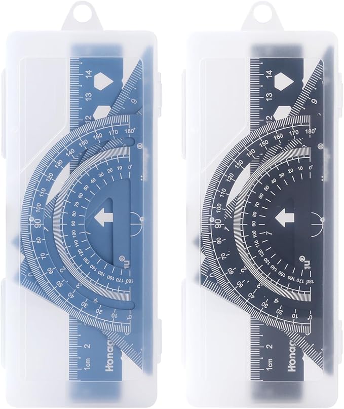 Honagu Triangular Ruler Set, 2 Set/8 Pieces Aluminum Alloy Ruler, Metal Drafting Ruler, Geometric Protractor for Students, Draftsmen, Engineers, School Office Supplies(15cm/5.9inches, Deep blue+Black)