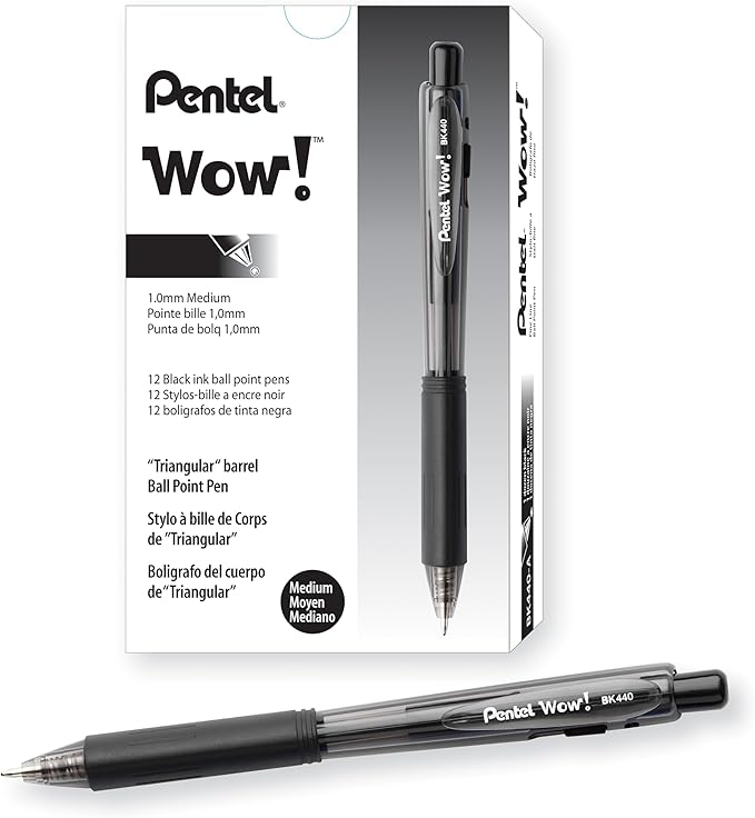 Pentel Wow! Retractable Ballpoint Pen, (1.0mm), Medium Line, Black Ink, Box of 12(BK440-A)