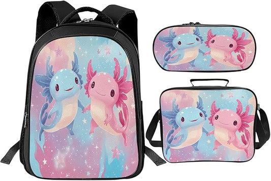 Cute Axolotl Backpack Set 3 Piece School Bags and Lunch Box with Pencil Case Pink Blue Axolotl Bookbag Set for Toddler Kids Girls Boys Teens Kindergarten Elementary Middle
