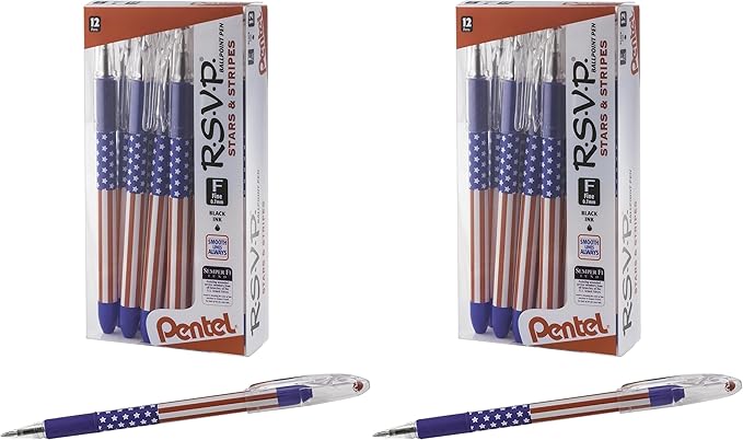 Pentel RSVP Ballpoint Pen, (0.7mm) Fine Line, Flag Barrel, Black Ink,(12 count)- Pack of 2