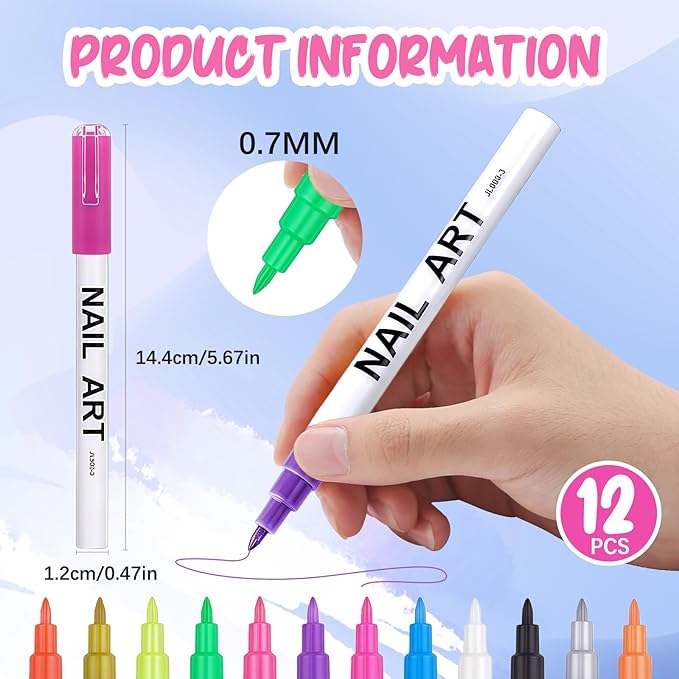 12 Color Nail Art Pens for Painting Nails, 0.7 MM 2026 Fluorescent Nail Polish Pens Drawing Point Liner Acrylic Painted Pen Kit, DIY Design Manicure Tools Christmas Gifts