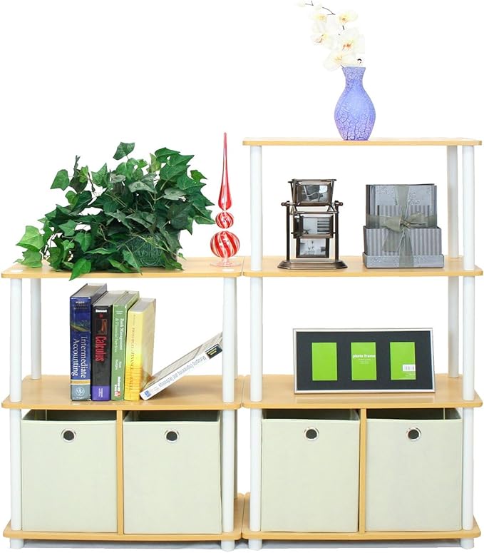 Furinno GO GREEN Storage Shelf, 4-Tier Storage Rack with Bins, Book Shelf, Display Rack, with Storage Bins, for Organization and Storage, Living Room, Home Office, Beech