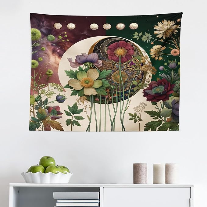 Ambesonne Moon Tapestry, Abstract Blooming Gentle Leafy Flowers with Lunar Phase Ethno Details, Fabric Wall Hanging Decor for Bedroom Living Room Dorm, 28" X 23", Fern Green Eggshell Lilac