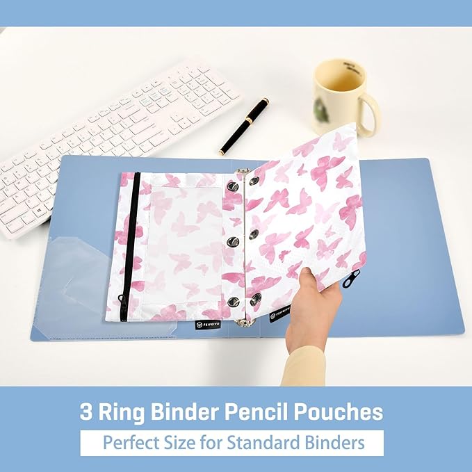 Butterfly Pencil Pouch Flip Folder 3 Rings,Binder Zipper Pouch with Clear PVC Window for Family,Office 2 Pack