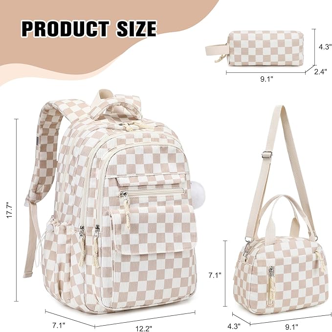 Bevalsa Backpack for Gilrs, 3PCS Corduroy Kids Backpack Set with Lunch Box & Pencil Pouch, Bookbag Daypack Laptop Bag for Women Teens Elementary Middle High School