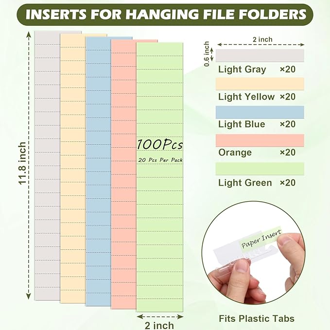 100 Pcs Hanging File Folder Tab Inserts 2 Inch Colored Blank File Tab Hanging File Folders Labels Paper Inserts Thick 300Gsm Cardstock for 2 Inch Hanging Folder Tab