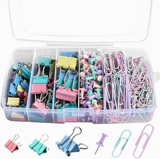 Colorful Paper Clips Binder Clips Set, 300 Pcs Assorted Sizes Binder Clips & Paper Clips Small Medium Large, Pastel Claps and Push Pins Office Supplies Kit for Paper Work and School Teacher Use