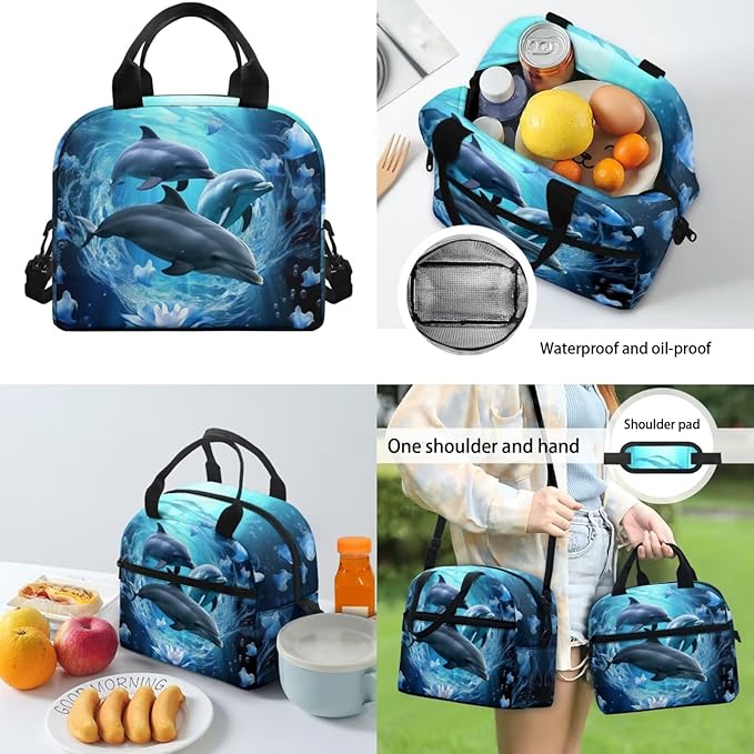 4 IN 1 Adorable Dolphin Backpack for Girls School Bag with Insulated Lunch Box Pencil Case Boys Water Bottle Sleeve Kids School Backpacks Elementary Kindergarten Preschool Bookbag