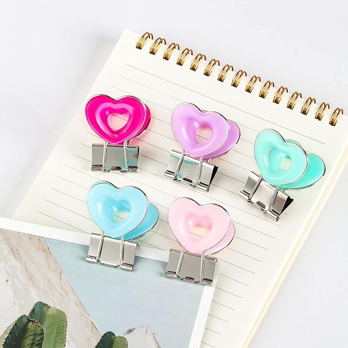 Heart Shape Medium Paper Clips, Binder Clips, Easy Grip, Assorted Color, School Office Supplies，10 Pcs/Set