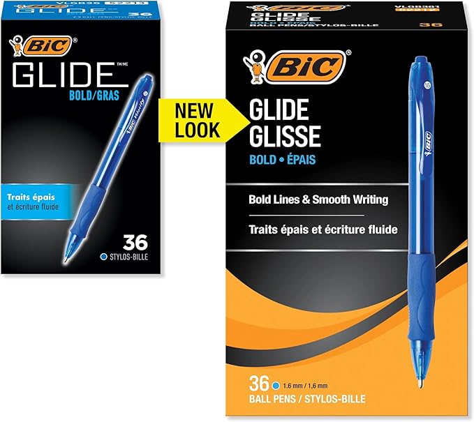 BIC Glide Bold Blue Ballpoint Pens, Bold Point (1.6mm), 36-Count Pack, Retractable Ballpoint Pens With Comfortable Full Grip
