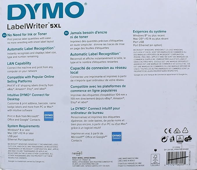 DYMO LabelWriter 5XL Direct Thermal Monochrome Wired Label Printer - USB and Ethernet Connectivity, 62 Labels Per Minute, 300 dpi, 4.16" Print Width - Includes 1 Rolls of 500 Labels