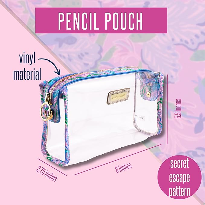 Lilly Pulitzer Clear Zipper Pouch, Cute Pencil Case for Adults, Travel Toiletry Bag, Small Pouch Bag for Supplies, Makeup or Toiletries (Secret Escape)…