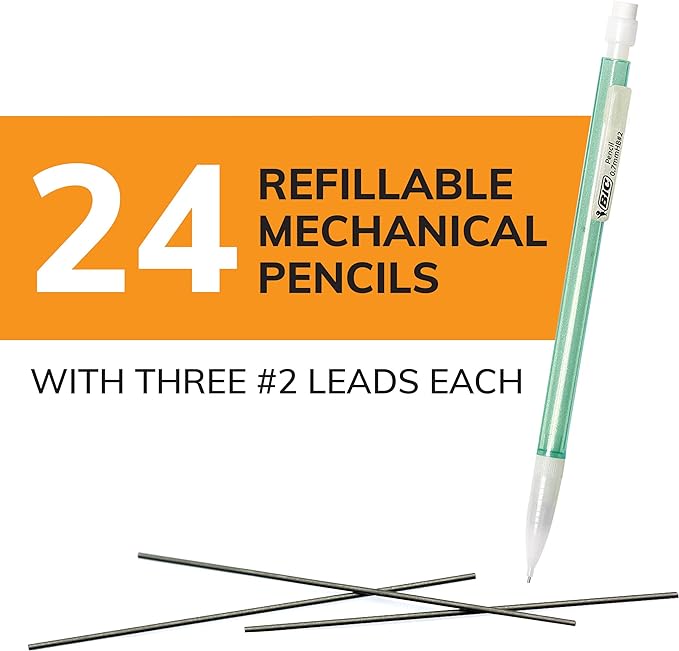 BIC Xtra-Sparkle Number 2 Mechanical Pencils With Erasers, Medium Point (0.7mm), 24-Count Pack, Mechanical Pencils for School Supplies