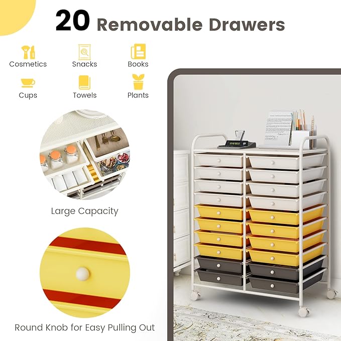 COSTWAY 20-Drawer Rolling Storage Cart, Multipurpose Storage Trolley on Wheels for Home Office School (Yellow, Beige & Grey)