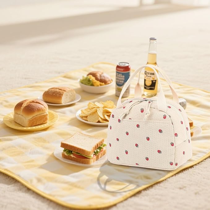 LEDAOU Lunch Box for Women Insulated Lunch Bag Corduroy Lunch Tote Bags Leakproof Cooler Lunchbox for Travel Work Picnic