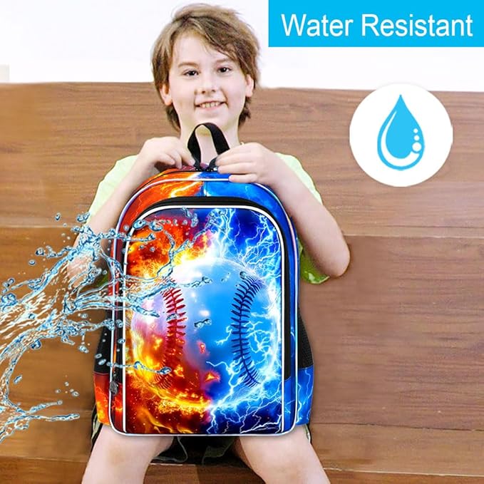 gxtvo 3PCS Boys Baseball Backpack, 17" Kids Bookbag with Lunch Box, Water Resistant Middle Elementary School Bag - Fire & Lightning Baseball