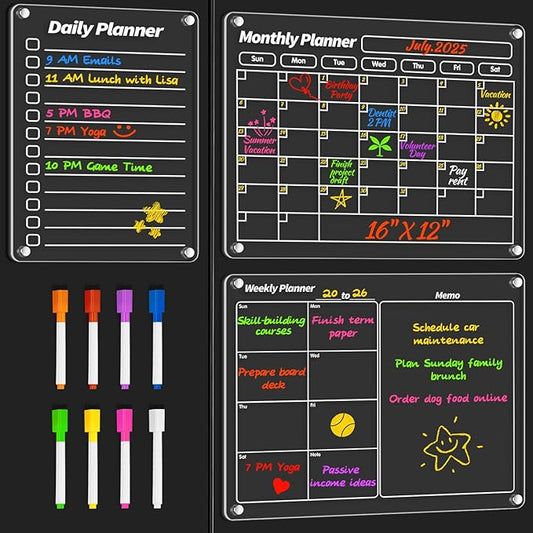 FINDMAG Acrylic Magnetic Dry Erase Board Refrigerator Calendar, Calendar Whiteboard for Wall, Set of 3 Transparent Magnetic Dry Erase Board for Monthly Weekly Daily Menu Planner Whiteboard