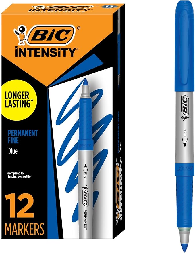 BIC Intensity Blue Permanent Markers, Fine Point, 12-Count Pack of Blue Markers With Non-Slip Grip for Comfort and Control