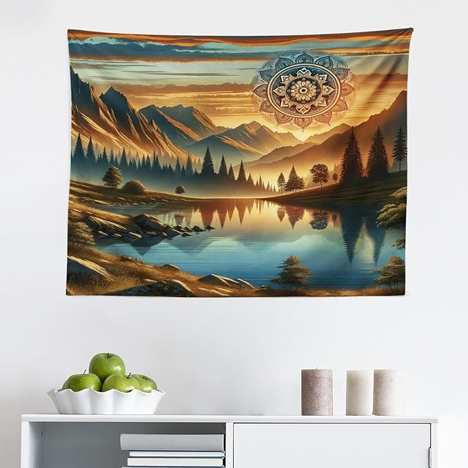 Ambesonne Mountain Tapestry, Laky Scenic Mounts and Woods Oriental Dream Aura Mandala Flower Boho, Fabric Wall Hanging Decor for Bedroom Living Room Dorm, 28" X 23", Pale Vermilion Sea Blue