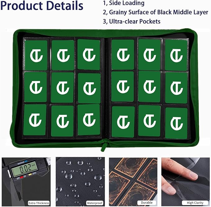 360 Card Binder - Premium Zippered 9-Pocket Trading Card Binder Side-Loading Pages for Ultimate Protection | Holds TCG, MTG, Sports Cards (Green)