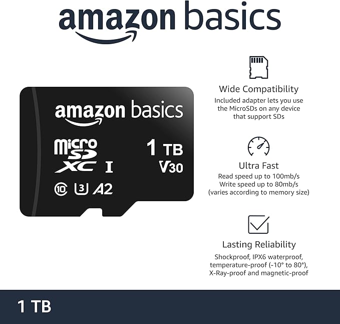 Amazon Basics microSDXC Memory Card for Smartphones, Tablets, Drones, Full HD, with Full Size Adapter, A2, U3, Read Speed up to 100 MB/s, 1 TB, Black