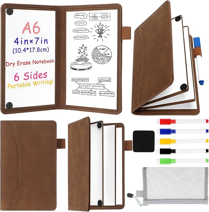 Feifeiya 6 Sides Dry Erase Notebook Portable Whiteboards Notebook 5"x7"(a6) Small Reusable Whiteboard Notepad Foldable Anti-ghosting Surface, Travel White Board for Office Study Meeting Planning