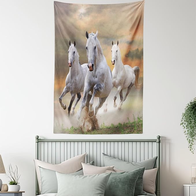 Ambesonne Horses Tapestry, Stallion Horses Running on a Mystic Sky Background Male Champions Print, Wall Hanging for Bedroom Living Room Dorm Decor, 40" X 60", White Orange