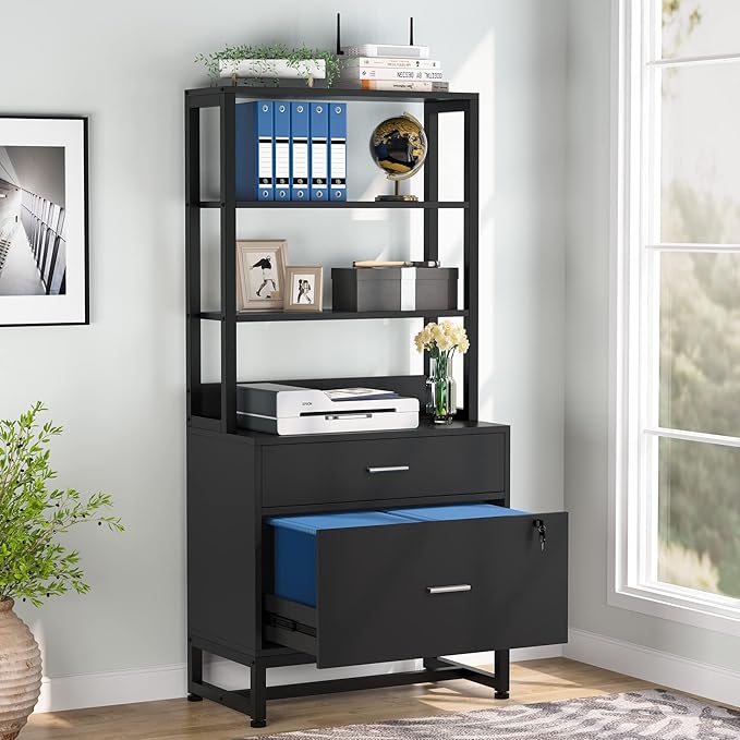 Tribesigns 2 Drawer Vertical File Cabinet with Lock & Bookshelf (Set of 2), Letter Size Large Modern Filing Cabinet Printer Stand with Open Storage Shelves for Home Office, Black