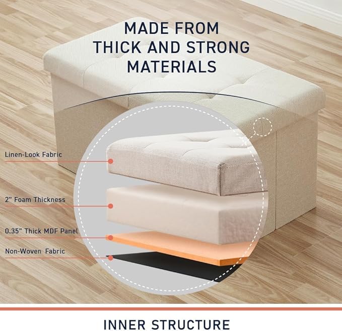 43 Inches Folding Storage Ottoman Bench, Ottoman Foot Rest, Storage Chest, End of Bed Foot Rest Stool with Padded Seat for Living Room, Bedroom, Entryway, Support 660lbs, Linen, Beige