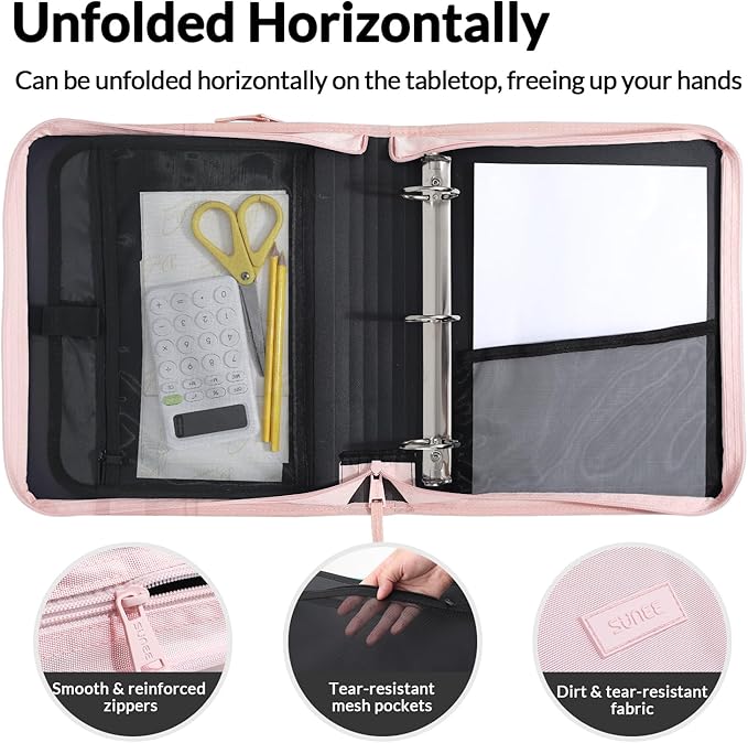 SUNEE Zippered Binder Bag with Handle, 2-Inch 3-Ring O-Ring, 500-Sheet Capacity, Includes Zip Pocket, 5-Tab Expanding File Folder, Multi-Pocket Organizer Binder for Middle School, Pink Lotus