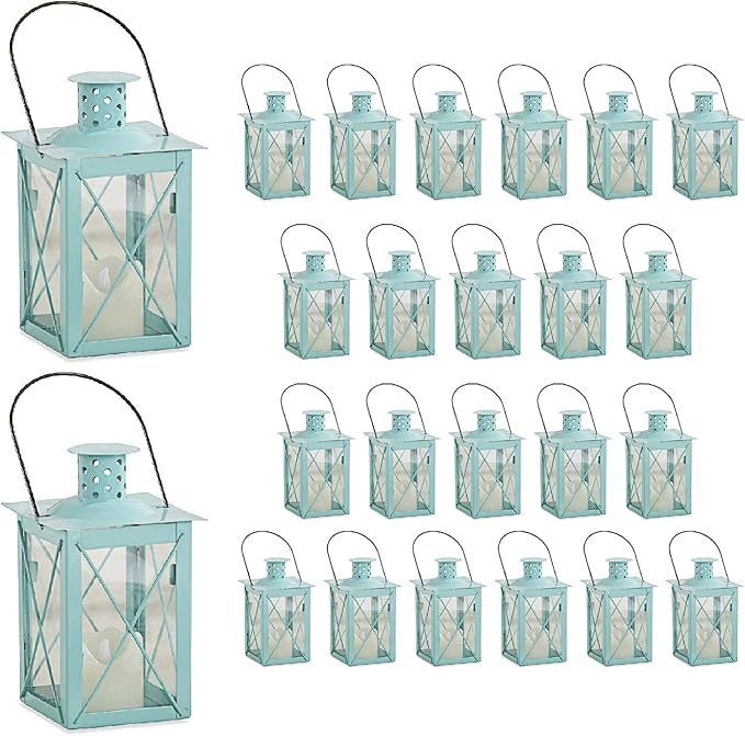 Kate Aspen Medium Decorative Lanterns - Set of 24 - Luminous Blue Metal Lantern Tealight Candle Holders Centerpieces for Wedding, Home Decor and Party - 6.3" H (8.9" H with Handle)