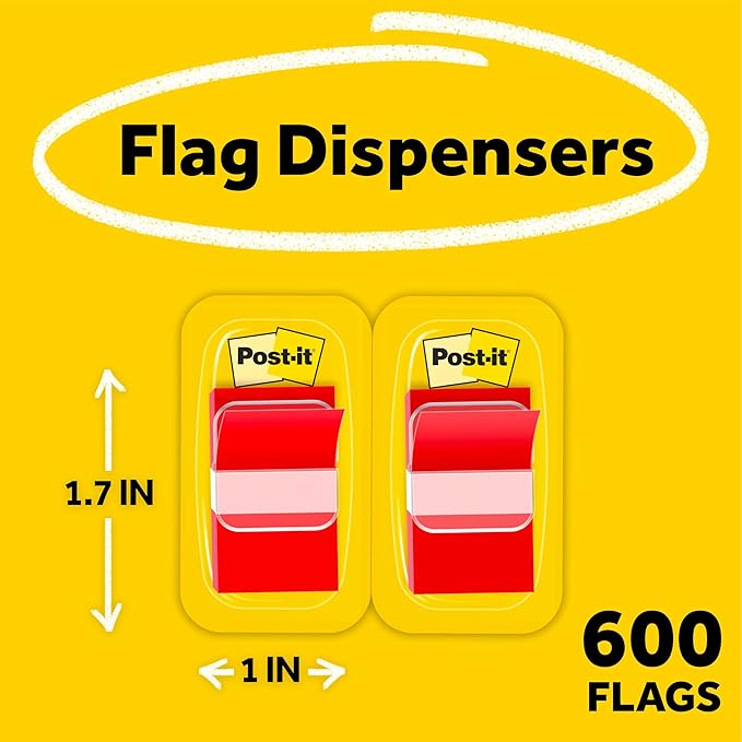 Post-it Flags Value Pack, 50/Dispenser, 12 Dispensers/Pack, 1 in Wide, Red (680-RD12)