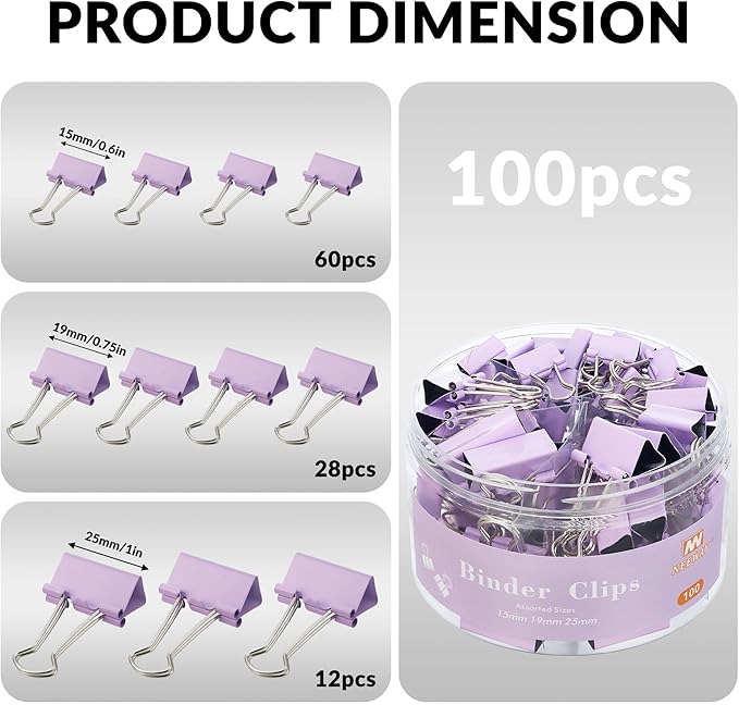 NEEWAY 100 Count Binder Clips Assorted Sizes, Paper Binder Clips (0.6inch 0.75inch 1inch), Metal Paper Clamps for Office and Home (Purple)