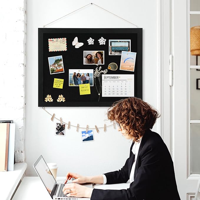Double-Sided Black Cork Board with Linen, 36" x 24" Hanging Wood Framed Large Bulletin Board, Picture Display Vision Board Kit Corkboards for Wall Room School Office Decor, 20 Pushpins