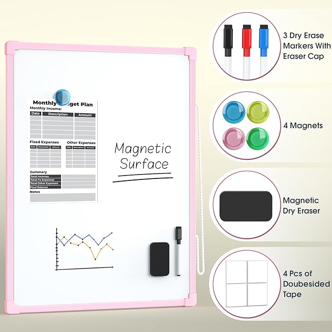 MaxGear Double-Sided Dry Erase Board for Wall, 16"x12" Hanging Whiteboard, Small Dry Erase White Board, Portable Whiteboard for Planning, Drawing, Memo, to Do List, Pink Frame