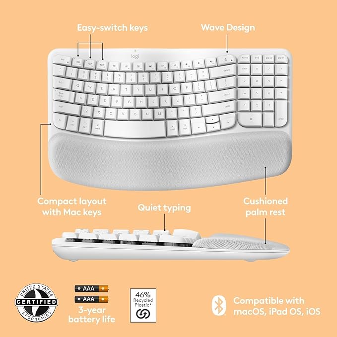 Logitech Wave Keys for Mac, Wireless Ergonomic Keyboard with Cushioned Palm Rest, Comfortable Natural Typing, Bluetooth Keyboard, Easy-Switch, Optimized for Mac, Apple, iPad - Off White(Renewed)