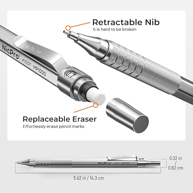 Nicpro 22PCS Metal Mechanical Pencil Set in Case, Art Drafting Pencil 0.5, 0.7, 0.9 mm & 2 PCS 2mm Mechanical Drawing Pencils with 396PCS Leads (4B 2B HB 2H Colored) for Drawing Writing Sketching