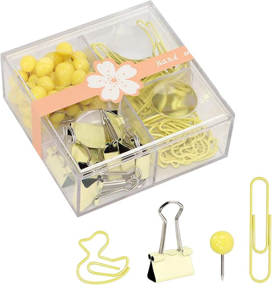 Cute Thumb Tacks Paper Clip Binder Clips Push Pins Set Assorted Size Metal Clips in Plastic Holder Decorative Desk Accessorries (Yellow)