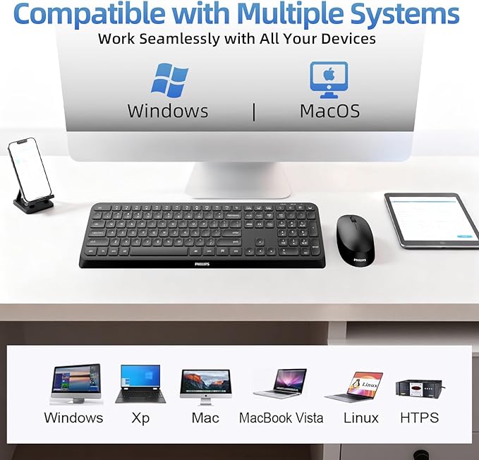 PHILIPS Quiet Wireless Keyboard and Mouse Combo, Silent Keyboard and Mouse Wireless Combo for Laptop PC Computer, Connects with Only One USB-A Dongle, No Bluetooth