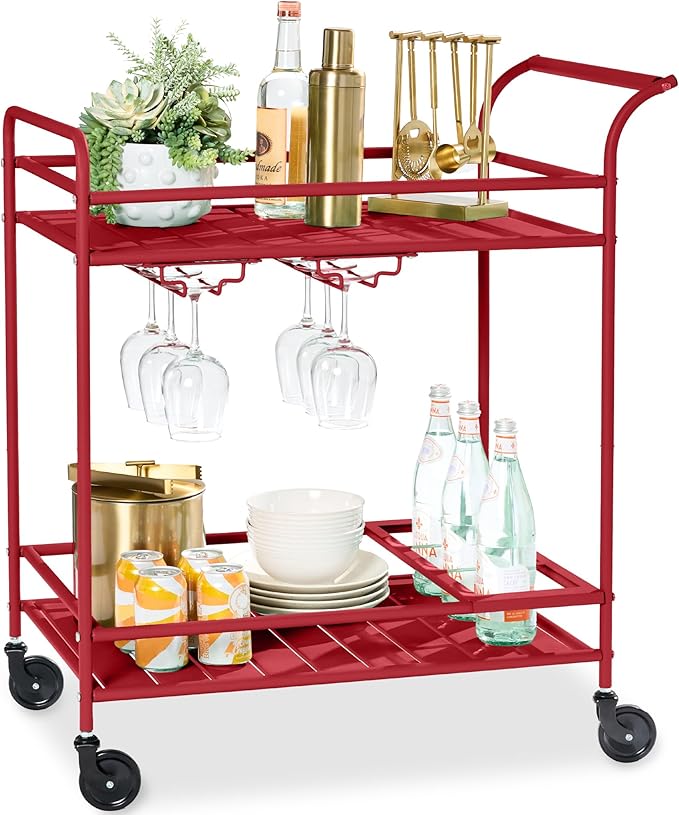 Best Choice Products Rolling Bar Cart, Mobile Home Bar Serving Cart, Serving Station w/ 2 Tier Shelves, Wine Rack, Lockable Wheels - Red