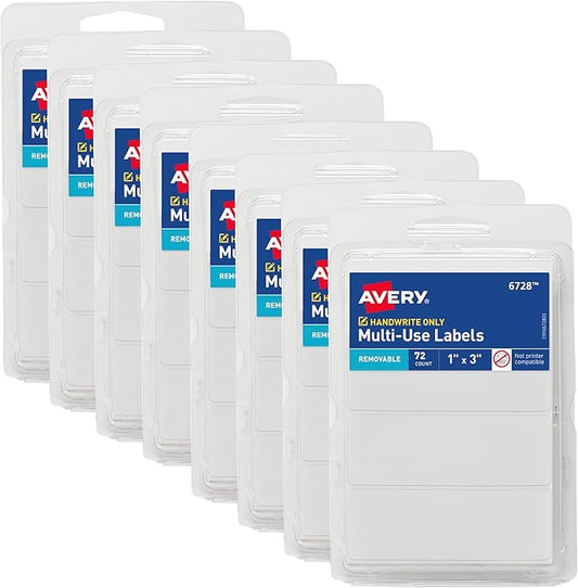 Avery Multi-Use Removable Labels, 1" x 3", White, Non-Printable, 8 Packs, 576 Blank Labels Total (21932)
