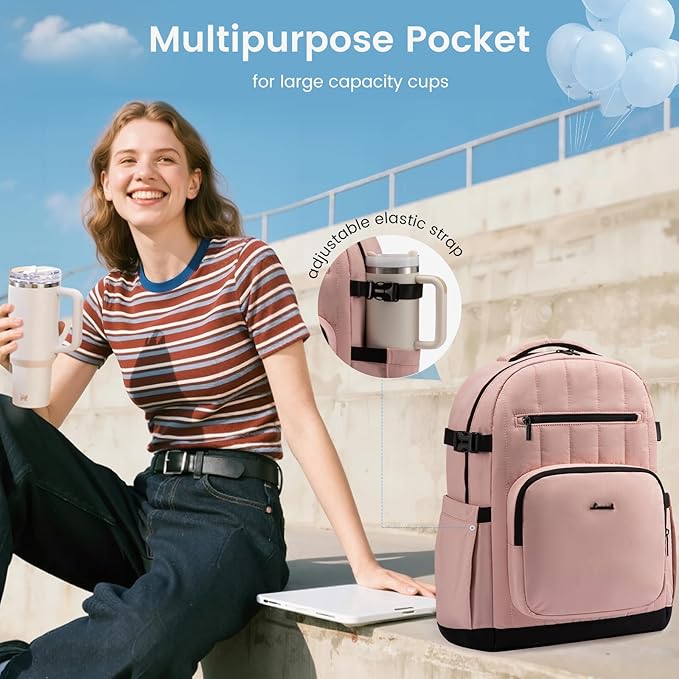 LOVEVOOK Laptop Backpack for Women with Giant Tumbler Holder Pocket,15.6 Inch Puffer Travel College Work Backpack Purse for Teacher Nurse,Waterproof Laptop Bag Computer Back Pack Daypack,Pink-Black