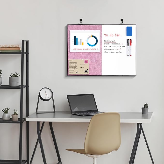 ARCOBIS Cork Board White Board Combo, 24"X18" Linen Bulletin Board Whiteboard for Wall, Double-Sided Magnetic Dry Erase Corkboard for Home, Office, School, Pink