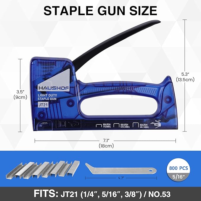 HAUSHOF Light Duty Staple Gun, Upholstery Staple Gun with 800PCS JT21 Staples and Stapler Remover, Fits JT21 Staple of 1/4'', 5/16'' & 3/8'', Used for Wood, Classroom, Crafts, DIY (Blue Transparent)