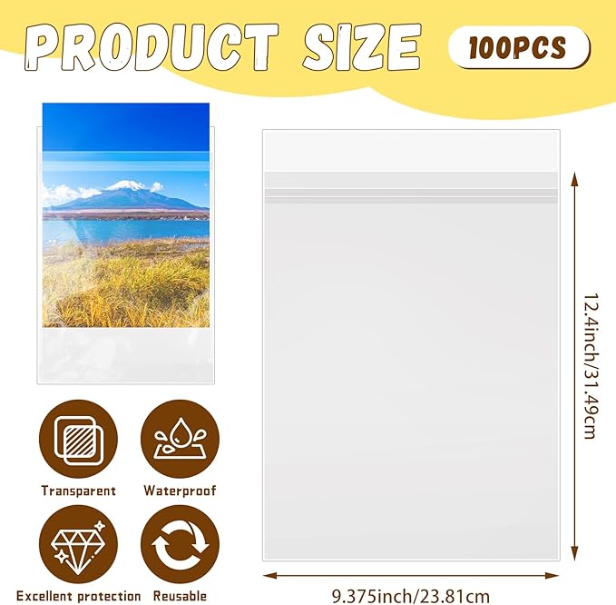 100 Pack 9 3/8 x 12 2/5 inches Crystal Clear Sleeves Storage Bags, Self Sealing Cellophane Bags Magazine Sleeves Protectors for 9x12 Photo Mats Art Prints Drawings