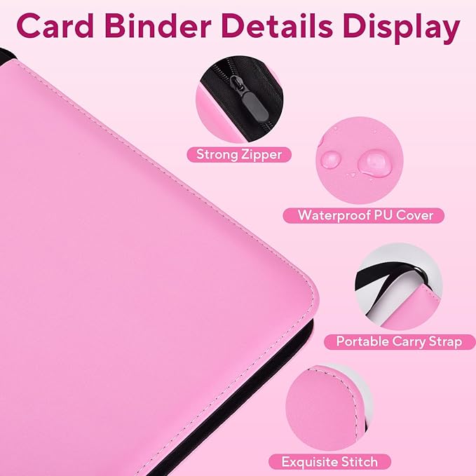Portable 9-Pocket Trading Card Binder, Holds 1080 Cards with 60 Removable Sleeves Baseball Card Binder, Compact Card Album Organizer for Game & Sports Cards, Pink Color