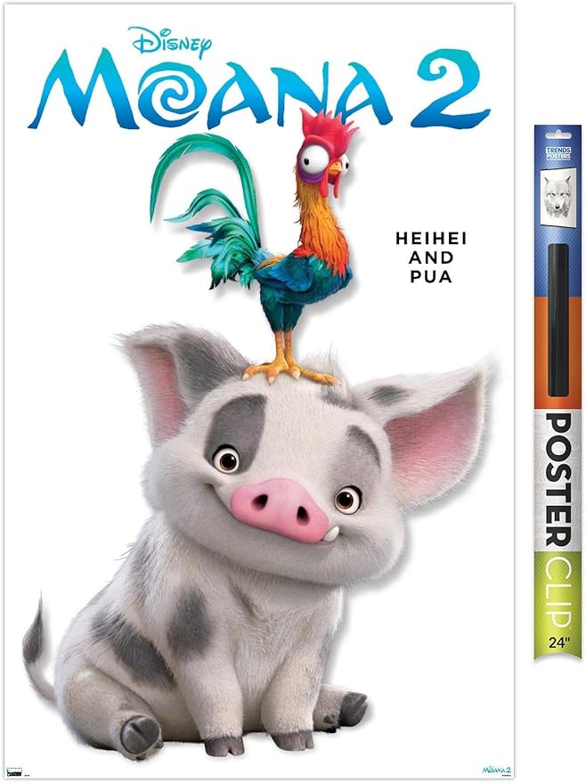Disney Moana 2 - Heihei and Pua Feature Series Wall Poster, 34L" x 22.4W", Premium Poster & Clip Bundle