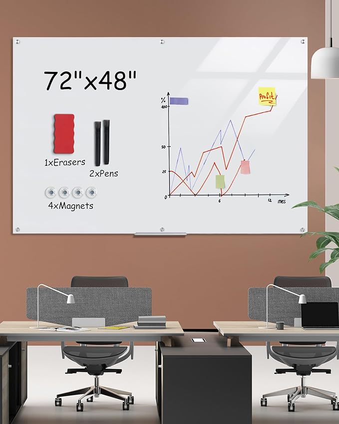 Mifuro Magnetic Glass Whiteboard，72"x48" Wall Mounted Frameless Dry Erase Board for Office, Home & School Ultra White