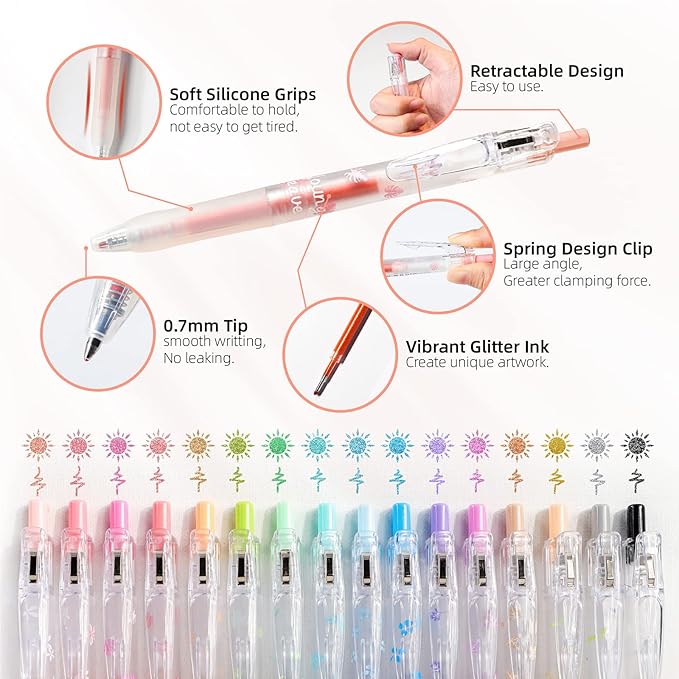 Glitter Gel Pens 8 Color Retractable Glitter Pens Set 0.7mm Colored Gel Pens for Journaling Coloring Drawing Art Supplies Planner Accessaries