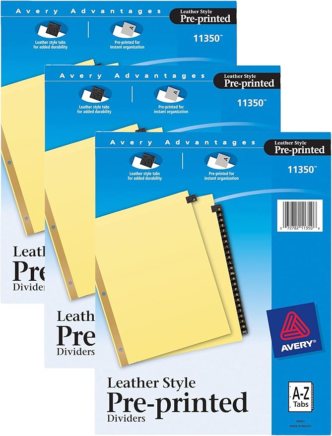 Avery A-Z Dividers for 3 Ring Binders, 25-Tab Set, Pre-Printed Black Leather Tabs, 1 Binder Divider Set (11350) (Pack of 3)